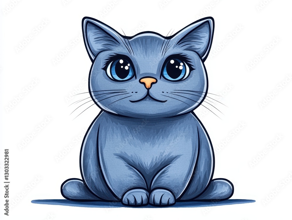 Cute cartoon blue cat with large eyes sitting on a flat surface against a plain background Cute cartoon blue cat with large eyes sitting on a flat surface against a plain background