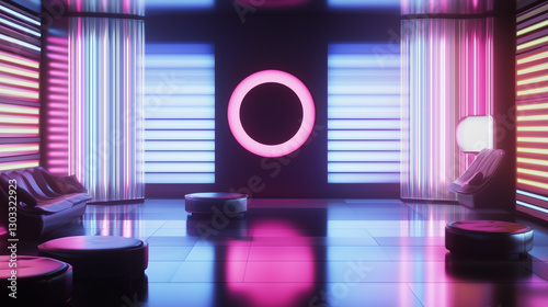 Futuristic Neon Lounge Interior with Glowing Ring Light and Ambient LED Panels – Cyberpunk-Inspired VR Lobby or Metaverse Space in Pink, Blue, and Purple Lighting