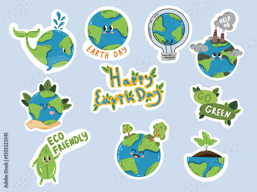 Vector stickers "Earth Day" in a trendy cartoon style. A set of stickers for Earth or World Environment Day. Funny vector illustration of planet Earth, a globe with a smiley face. Eco-friendly labels 