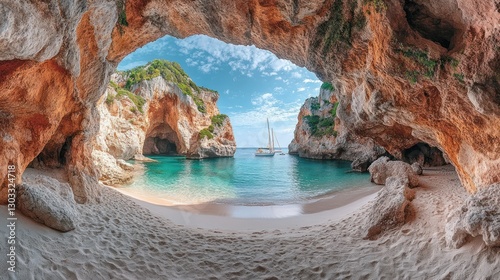 Fototapeta Naklejka Na Ścianę i Meble -  Coastal Cave Beach View with Sailboat