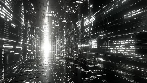 A bright light at the end of a digital tunnel comprised of data and information.
