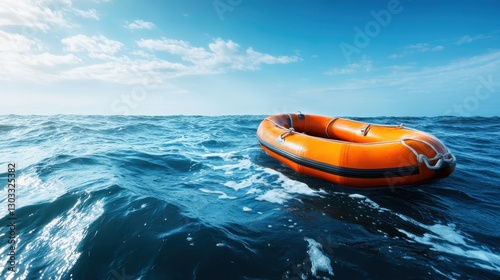 An orange life raft floating serenely on the vast ocean, capturing the essence of survival and hope against a backdrop of expansive blue skies and calm waters.
