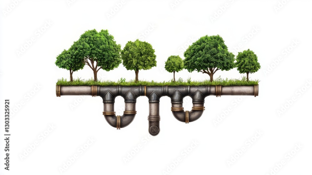 Obraz premium An illustration of trees growing from a pipe symbolizing environmental balance.