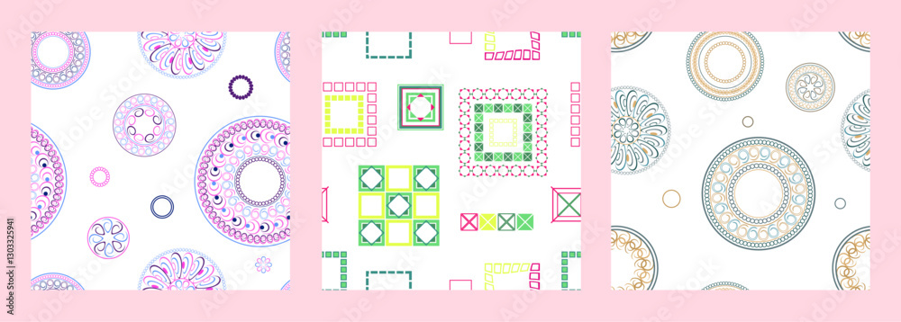 Fototapeta premium Seamless pattern of geometric shapes. Bright seamless pattern. Set of 3 patterns. Design for fabric, wallpaper, wrapping paper. Vector