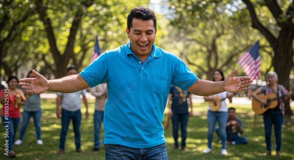 Fototapeta premium Celebrating Cultural Heritage and New Beginnings in the USA - A joyful Latin American migrant worker dances in a park surrounded by friends, symbolizing unity, celebration, culture, hope