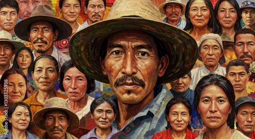 A Mosaic of Faces Highlighting Latin American Migrants Contributions - This vibrant artwork showcases the diverse faces of Latin American migrants, symbolizing their resilience, culture, community