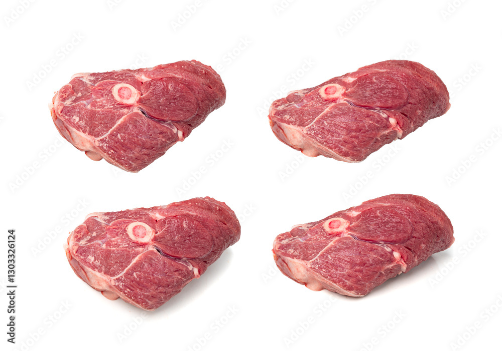 Fototapeta premium Raw mutton leg fillet isolated, lamb meat pieces, tenderloin or mutton sirloin meat, fresh sheep fillet