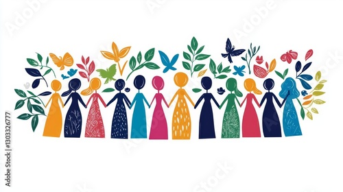 Colorful illustration of diverse women united in harmony and nature.