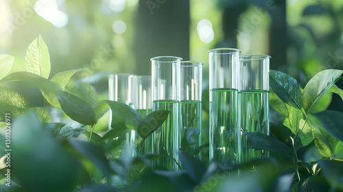 Eco-Friendly Experiments: A collection of glass test tubes filled with vibrant green liquid are nestled amidst lush greenery.