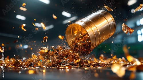 In a dramatic display, metallic scraps burst from an overturned container, symbolizing waste production and the importance of proper recycling in modern society and industry.