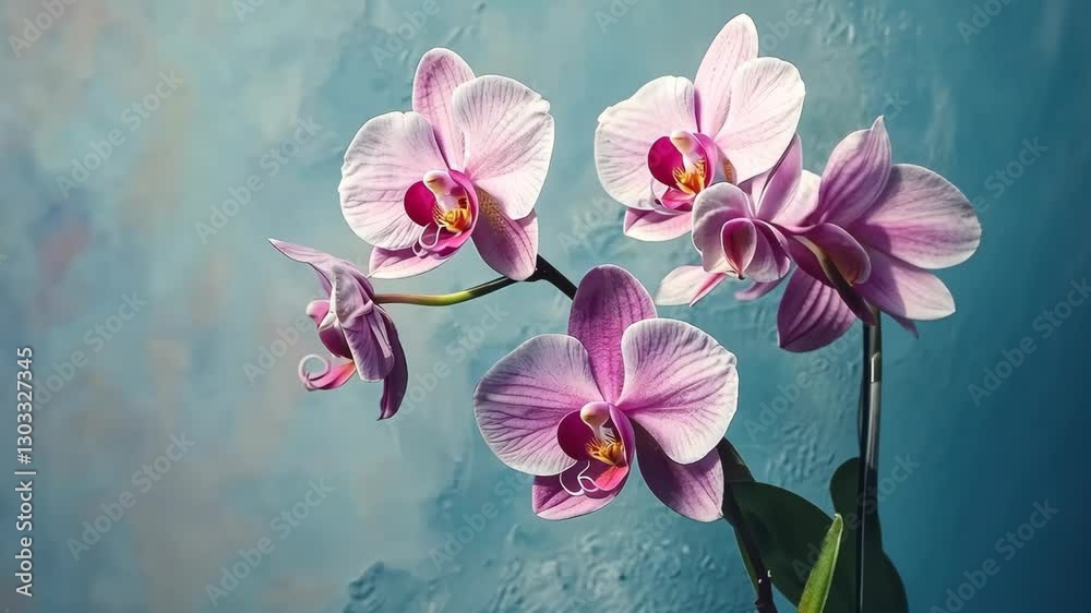 Beautiful orchids bloom gracefully against a soft blue backdrop in a serene indoor setting