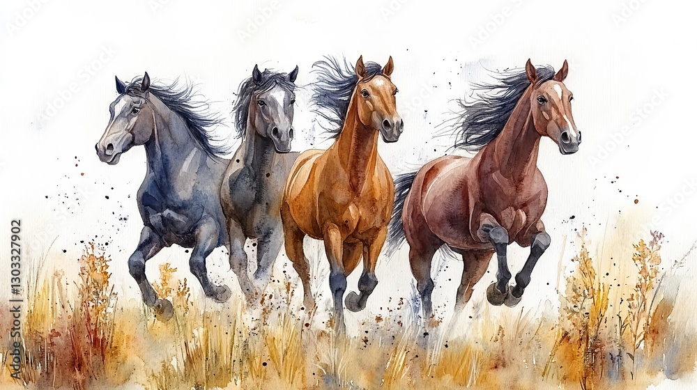 Fototapeta premium wild horses on meadow clipart isolated watercolor element illustration detailed illustration
