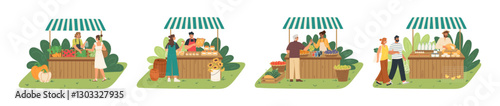 Visitors explore a lively farmers market, engaging with vendors over fresh fruits, vegetables, and flowers in a picturesque outdoor environment on a sunny day