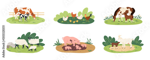 Cows, sheep, goats, and pigs interact in a colorful farm setting, with young animals frolicking and various birds pecking on the ground, creating a lively atmosphere in nature