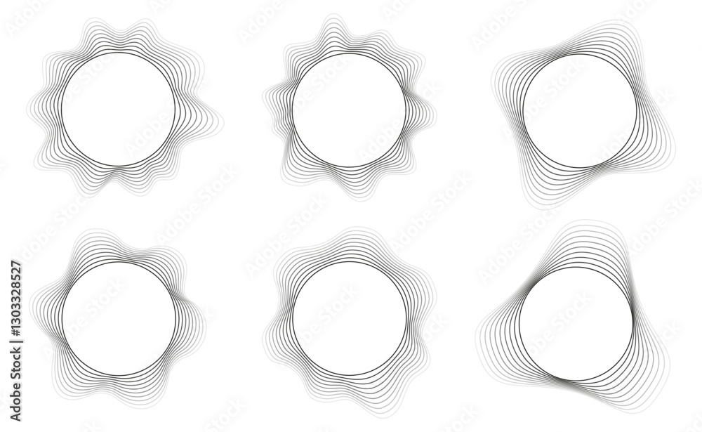 Geometric distortion circles set, wavy curve design, round sound wave frames, futuristic style wave element collection, radial curvy shapes, doodle distorted concentric rings, simple design