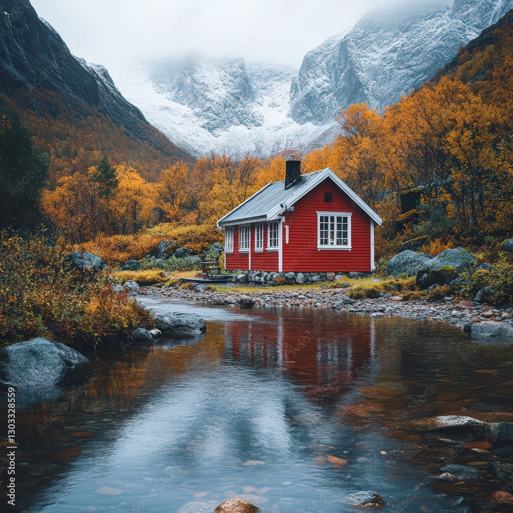 Fototapeta premium Cozy Red Cabin in Autumn Landscape with Mountains and River