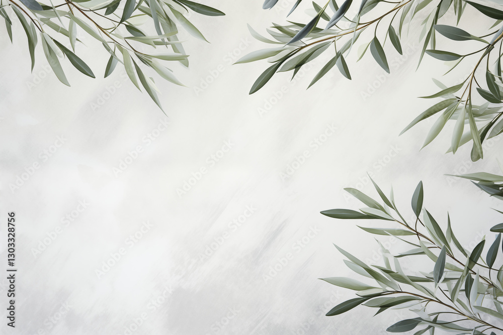 Fototapeta premium A beautifully arranged border of olive leaves and branches, framing a clean, neutral background with ample copy space for text.