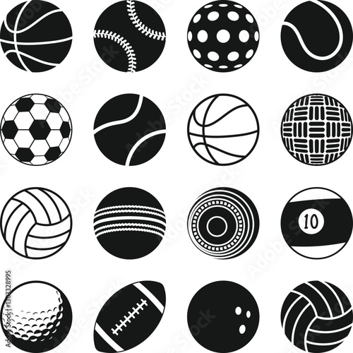 Sports Balls Icons Set Vector Silhouette Illustration, Basketball, Football, Soccer, Volleyball, Tennis, Baseball Kickball, Pickleball, Glof, Lawn Bowls Ball
