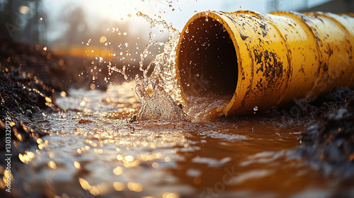 A drilling pipe penetrates muddy ground with water splashing around, symbolizing the quest for groundwater access, modern technology, resource extraction, and human ingenuity in engineering