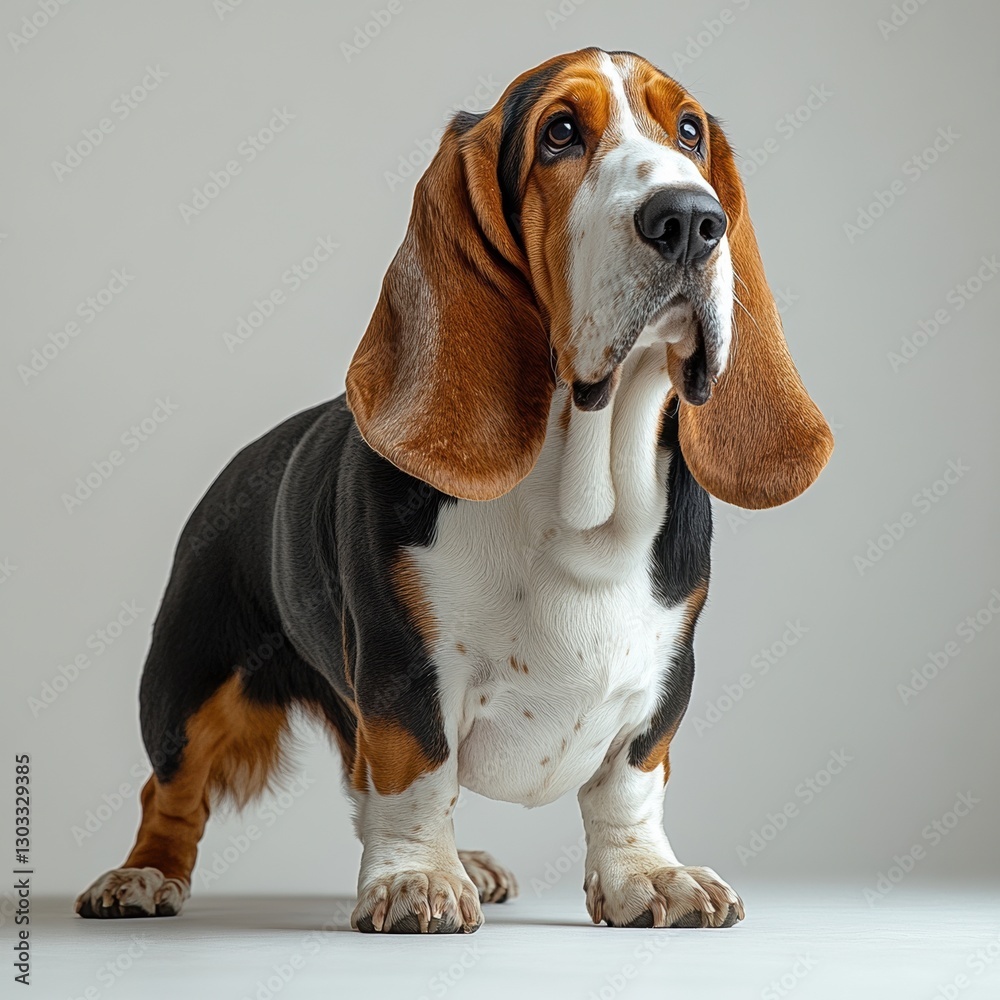 A Basset Hound stands attentively, showcasing its distinct long ears and expressive eyes against a light, neutral background. A Basset Hound stands attentively, showcasing its distinct long ears and expressive eyes against a light, neutral background.