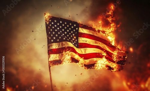 Symbol of Defiance: The American flag, engulfed in flames, dramatically symbolizes political unrest, social upheaval, and the fiery nature of protest.