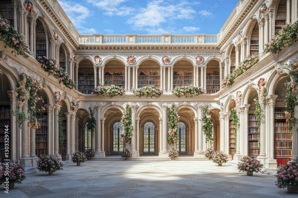 Fototapeta premium A majestic Renaissance-style library with floral friezes, arched entrances, and a symmetrical courtyard