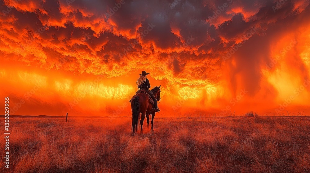 Fototapeta premium Cowboy on Horseback, Fiery Sunset Storm