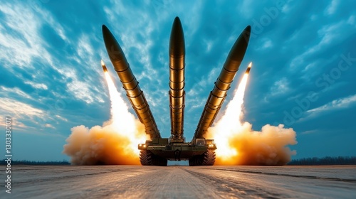 The image captures a stunning missile launch, showcasing powerful rockets igniting and taking flight into the sky against a dramatic backdrop of clouds and smoke.
