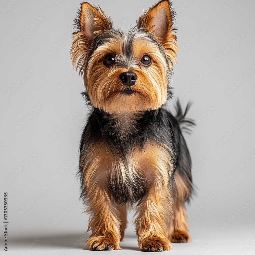 A cute Yorkshire Terrier stands confidently against a light background, showcasing its fluffy fur and expressive eyes. The dog's alert posture and friendly demeanor are prominent. A cute Yorkshire Terrier stands confidently against a light background, showcasing its fluffy fur and expressive eyes. The dog's alert posture and friendly demeanor are prominent.