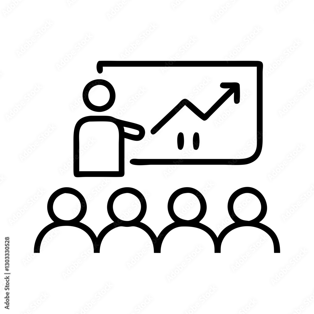 Fototapeta premium Business lecturer speaks to the audience, presenting a growth chart on the screen during a business conference, financial masterclass, or coaching session.