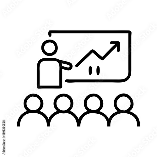 Business lecturer speaks to the audience, presenting a growth chart on the screen during a business conference, financial masterclass, or coaching session.