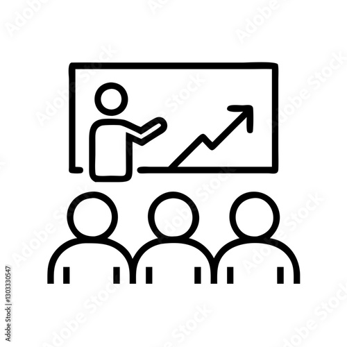 Business lecturer speaks to the audience, presenting a growth chart on the screen during a business conference, financial masterclass, or coaching session.