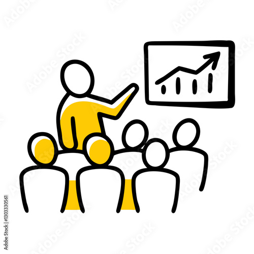 Business lecturer speaks to the audience, presenting a growth chart on the screen during a business conference, financial masterclass, or coaching session.