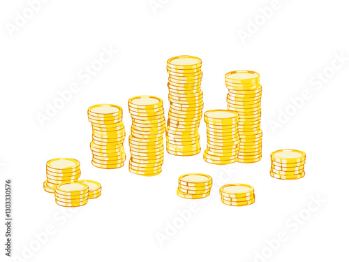 A set of stacks of gold coins, shown in different heights, angles, and scattered patterns, isolated on a white background.
