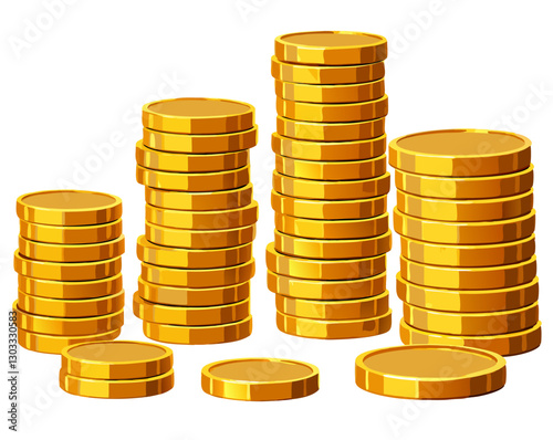 A set of stacks of gold coins, shown in different heights, angles, and scattered patterns, isolated on a white background.
