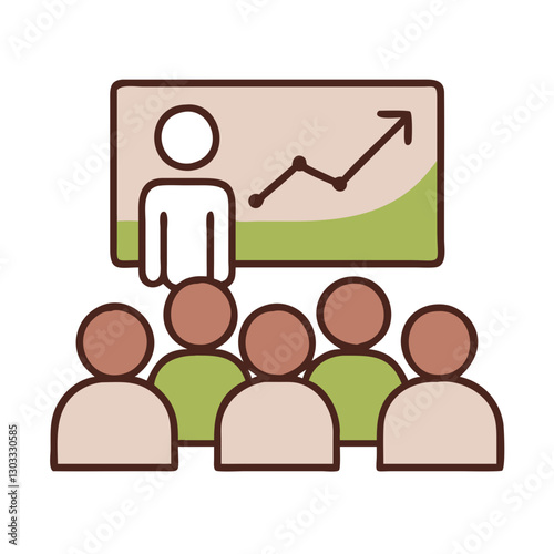 Business lecturer speaks to the audience, presenting a growth chart on the screen during a business conference, financial masterclass, or coaching session.