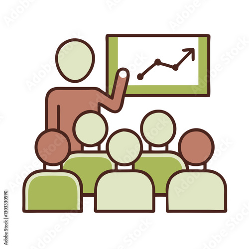 Business lecturer speaks to the audience, presenting a growth chart on the screen during a business conference, financial masterclass, or coaching session.