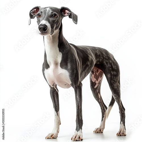 A graceful greyhound stands confidently with an elegant posture, showcasing its distinctive coat pattern against a white background.