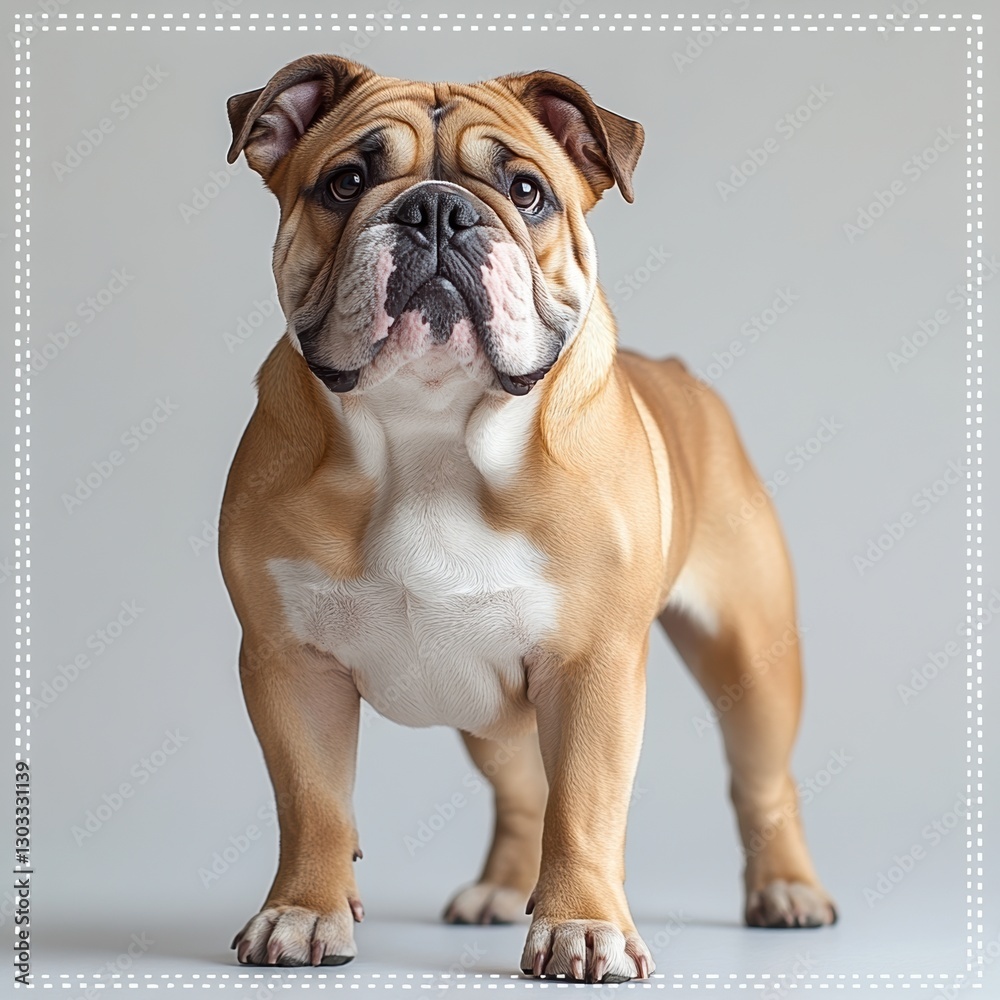 Obraz premium A majestic bulldog stands proudly, showcasing its muscular build and distinctive wrinkled face, set against a light background.