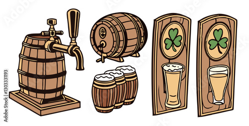 A set of pub-related elements, including beer taps, barrels, wooden signs, and Irish pub glasses, isolated on a white background.
