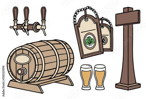 A set of pub-related elements, including beer taps, barrels, wooden signs, and Irish pub glasses, isolated on a white background.
