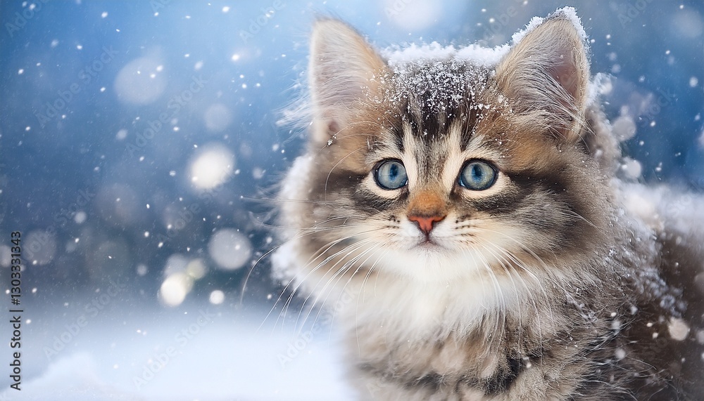 Fototapeta premium siberian funny kitten on snowy background in winter holidays