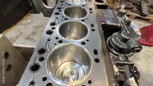 Clean tractor engine cylinder block, 8.4-liter displacement, showcasing mechanical details and precision engineering. Perfect for industrial and automotive themes.