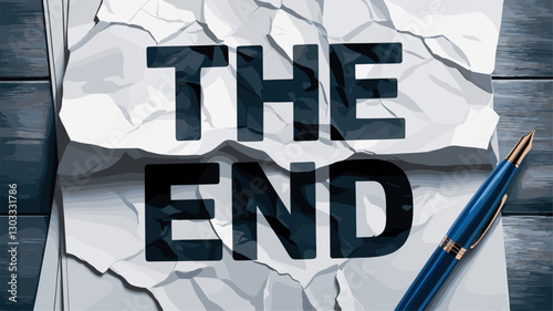 A close-up of crumpled paper featuring the bold text 'THE END', symbolizing conclusion and closure. A stylish pen rests beside, perfect for creative projects.