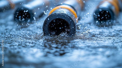 A drilling pipe penetrates muddy ground with water splashing around, symbolizing the quest for groundwater access, modern technology, resource extraction, and human ingenuity in engineering