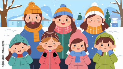 A cheerful group of friends and family wearing vibrant winter clothing, enjoying a snowy day. Perfect for holiday and winter themes!