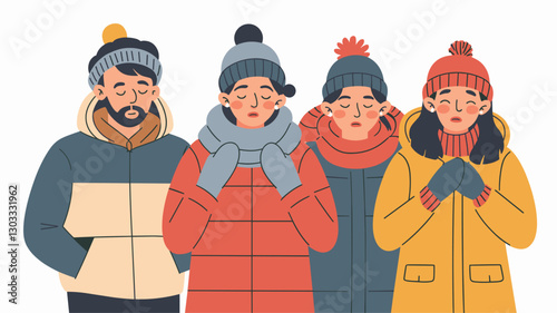 Four friends bundled up in colorful winter clothing, braving the cold with warm hats and scarves. They share a moment of warmth and friendship amidst the snowy backdrop.