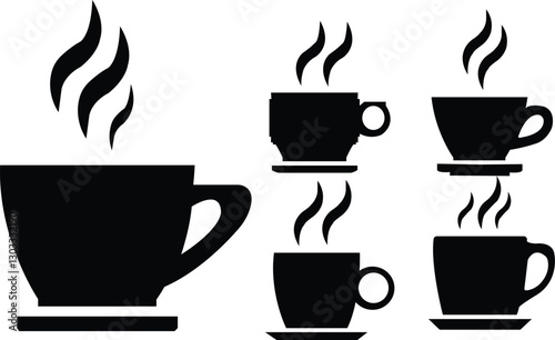 Coffee Cup Icon Set - Hot Beverage Mug Silhouette Vector for Café, Restaurant, and Digital Design