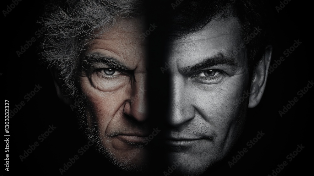 Two faces represent different emotional states, showcasing intensity and determination. The interplay of light and dark highlights their unique features and expressions Two faces represent different emotional states, showcasing intensity and determination. The interplay of light and dark highlights their unique features and expressions