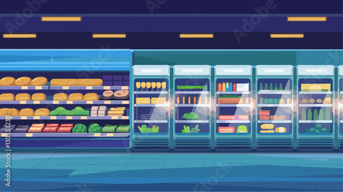 Bright and colorful illustration of a grocery store aisle featuring fresh vegetables, dairy products, and frozen goods. Ideal for food-related projects.